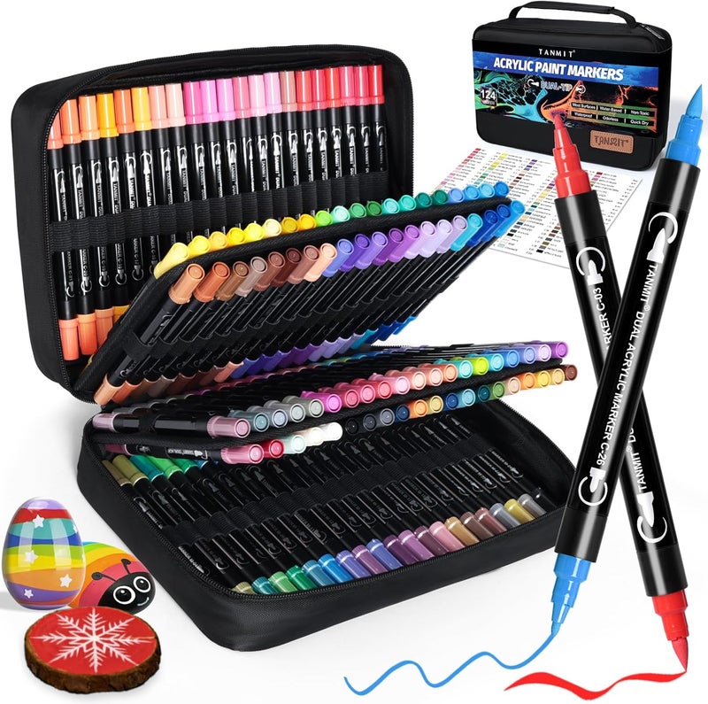 TANMIT 124 Colors Acrylic Paint Pens, Dual Tip Acrylic Paint Markers with Brush Tip and Fine Tip, Acrylic Pens for Rock Painting, Wood, Canvas, Stone, Glass, Ceramic,DIY Crafts Making Art Supplies - Image 1